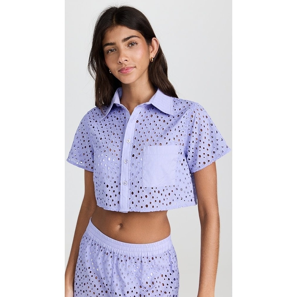 Solid & Striped The Cropped Cabana Shirt Top Purple Eyelet Pocket Button Up Sz S